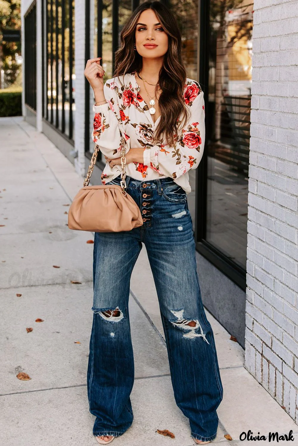 Deanwangkt - Beige Floral Print V-Neck Button Down Blouse - Deanwangkt