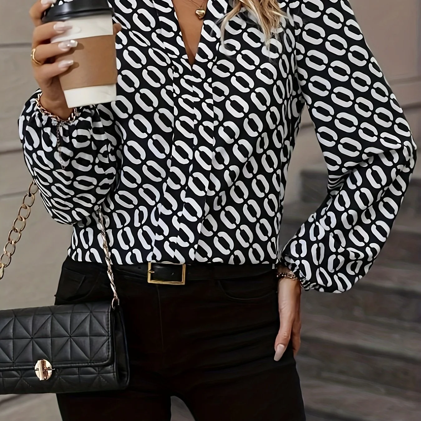 Chain Print Notched Neck Blouse, Elegant Long Sleeve Blouse For Spring & Fall, Women's Clothing - Deanwangkt