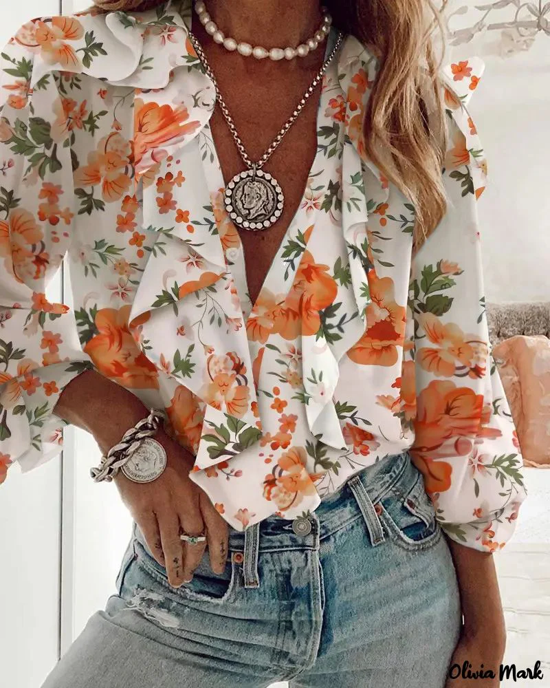 Deanwangkt - Floral Print Ruffle Trim Long Sleeve Top - Deanwangkt