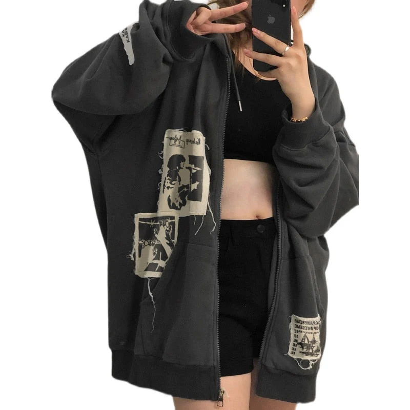 Black Friday Sales Street Graffiti Patchwork Oversized Zipper Cardigan Hoodie Women Autumn Ins Harajuku Gothic Punk Vintage Y2K Long-Sleeved Hoodie - Deanwangkt
