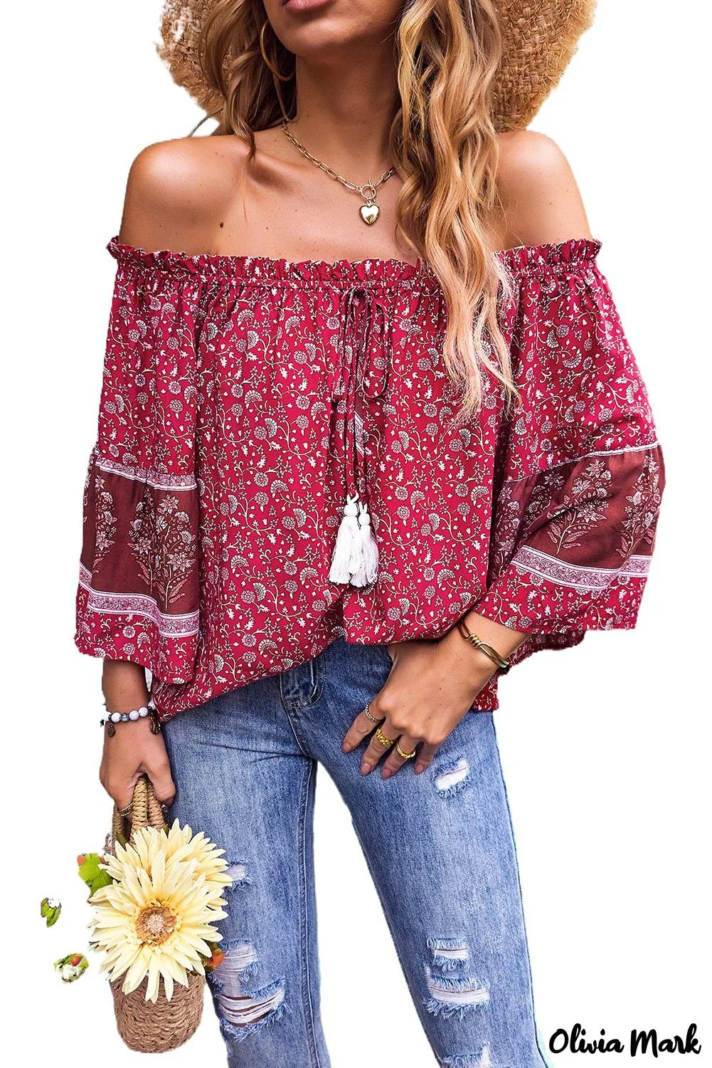 Deanwangkt - Red Boho Off Shoulder Floral Print Blouse - Deanwangkt