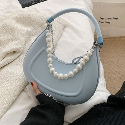 Back To College Deanwangkt Kawaii Tote PU Leather Half Moon Armpit Bag With Pearl Short Handle Women's Designer Handbag Luxury Shoulder Crossbody Bag - Deanwangkt