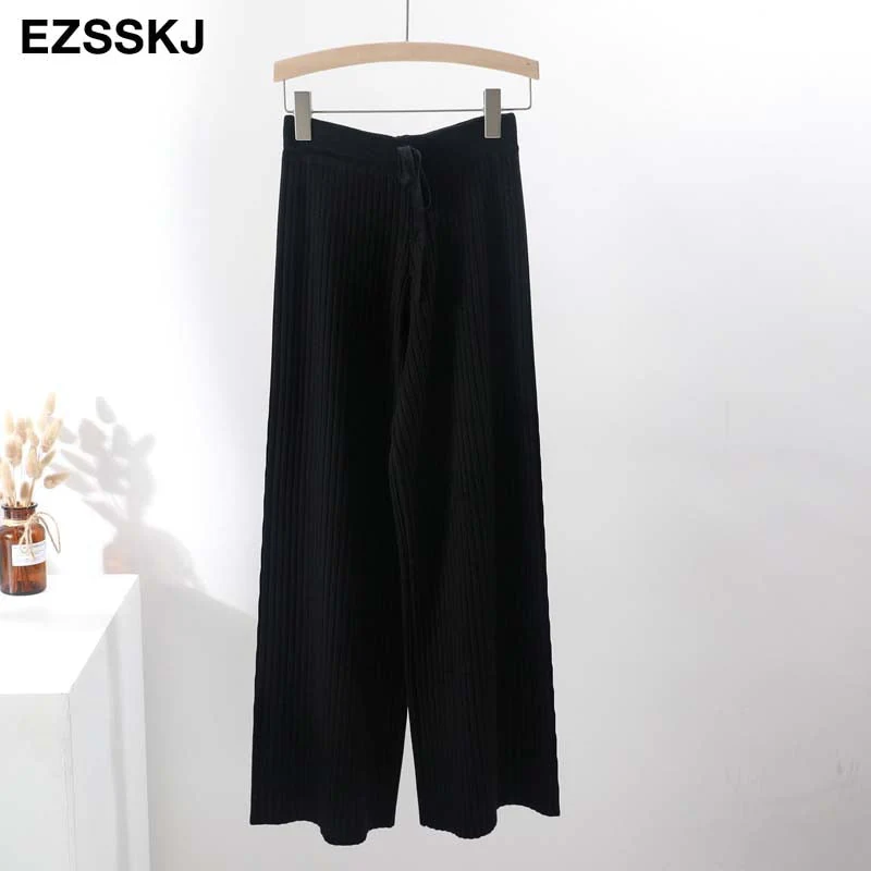 Christmas Gift Deanwangkt autumn winter new casual straight pants  women female drawstring loose high waist knitted wide leg pants casual Trousers - Deanwangkt