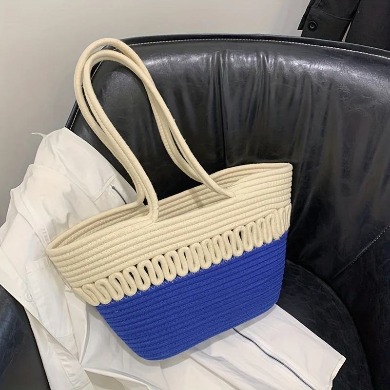 Crochet Large Capacity Durable Shoulder Bag, Vacation Boho Style Beach Handbag, Portable Double Handle Shopping Bag - Deanwangkt