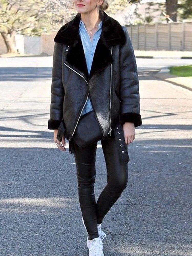 Black Friday Sales New Autumn Winter Women Thick Warm Faux Sheepskin Fur Coat With Belt Moto Biker Zipper Loose Jacket Aviator Casaco - Deanwangkt