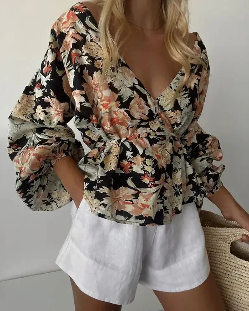Deanwangkt - Lantern Sleeve Floral Print V-Neck Top - Deanwangkt