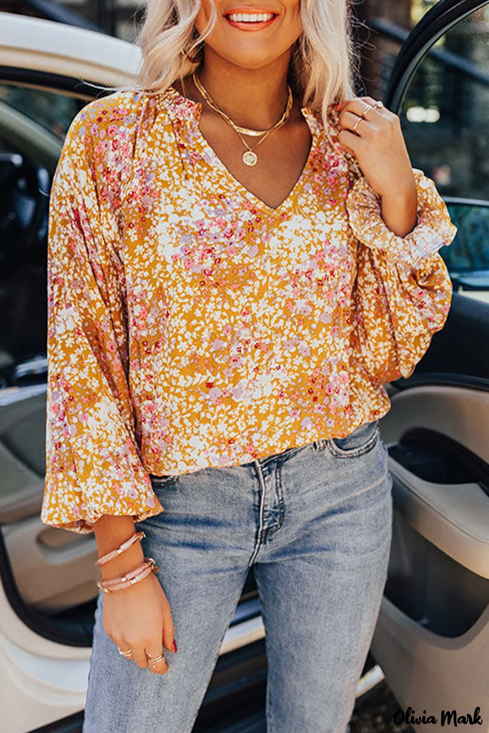 Deanwangkt - Yellow Floral Split V-Neck Blouse - Deanwangkt