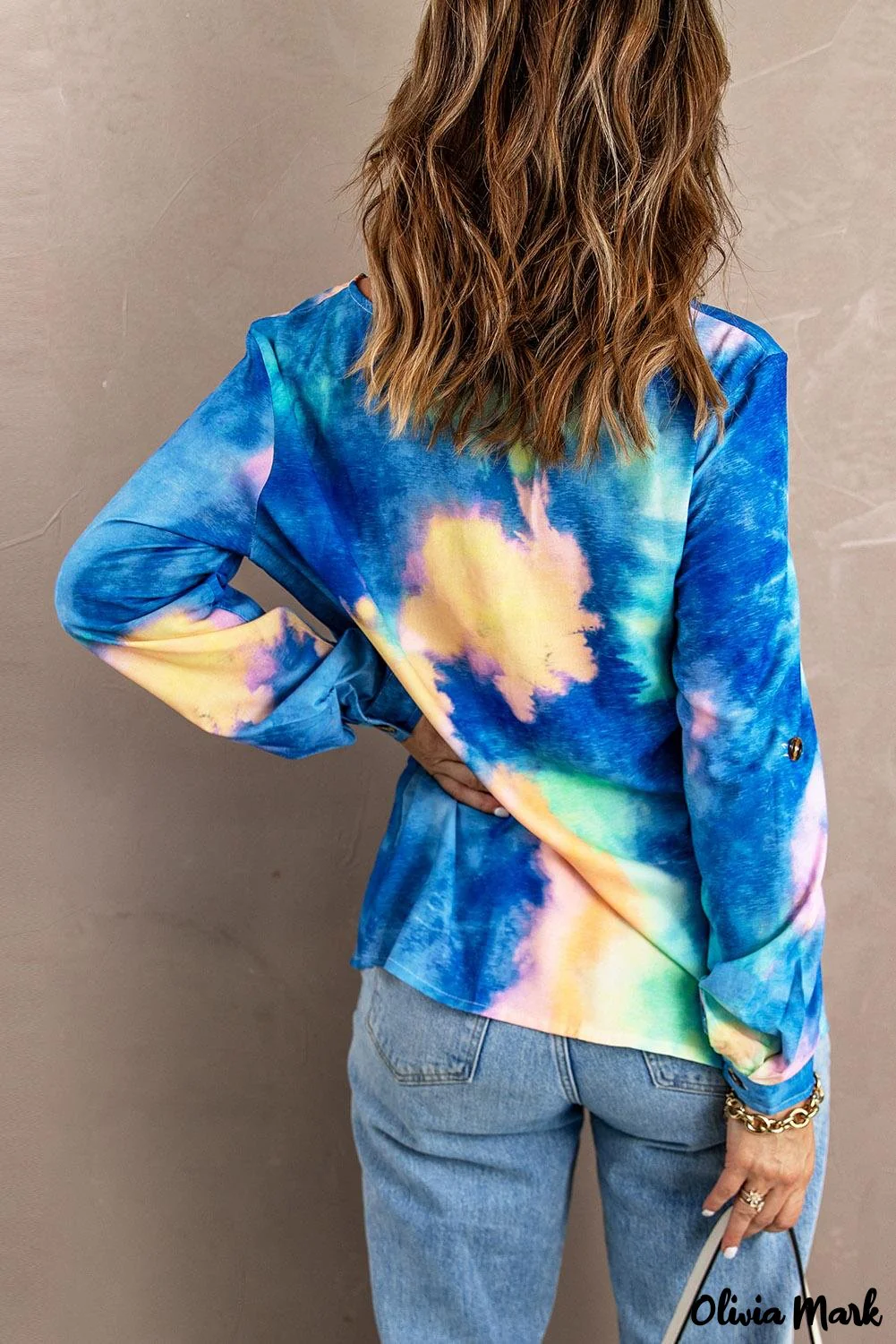 Deanwangkt - Blue Tie-Dye Long Sleeve V-Neck Blouse With Button Closure - Deanwangkt