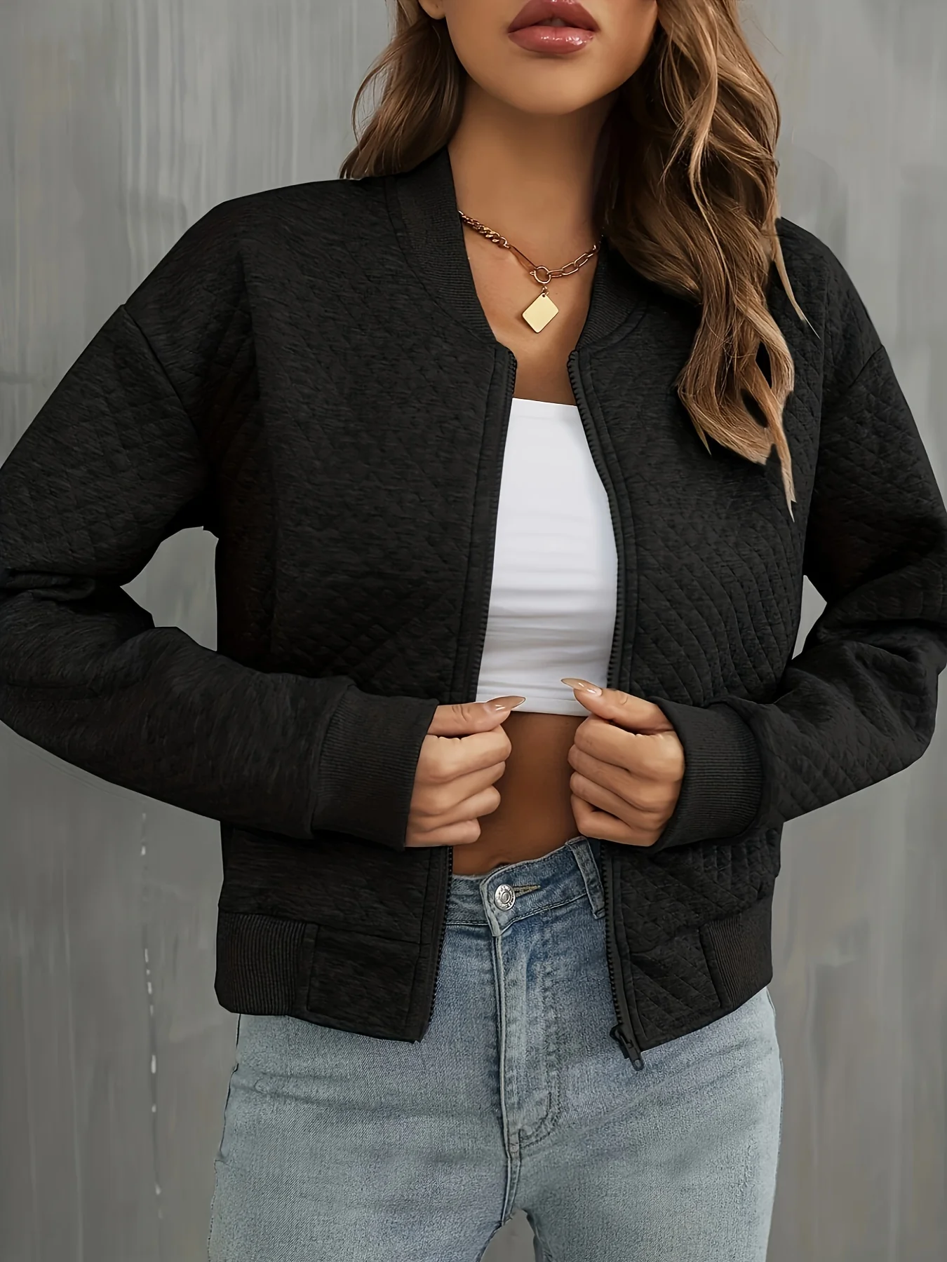 deanwangkt-1 Solid Simple Bomber Jacket, Casual Zip Up Long Sleeve Outerwear, Women's Clothing - Deanwangkt