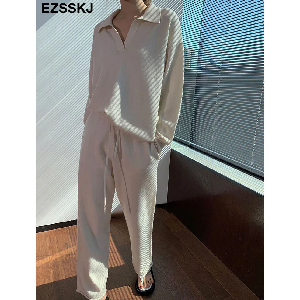 Christmas Gift 2 Pieces Set Women oversize Tracksuit polo collar Sweater Pullover straight pants Sweater Set CHIC Knitted Outwear sweater suit - Deanwangkt