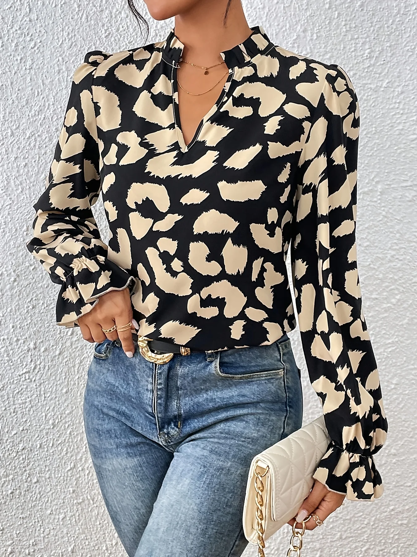 Allover Print Notched Neck Blouse, Casual Flounce Sleeve Blouse For Spring & Fall, Women's Clothing - Deanwangkt