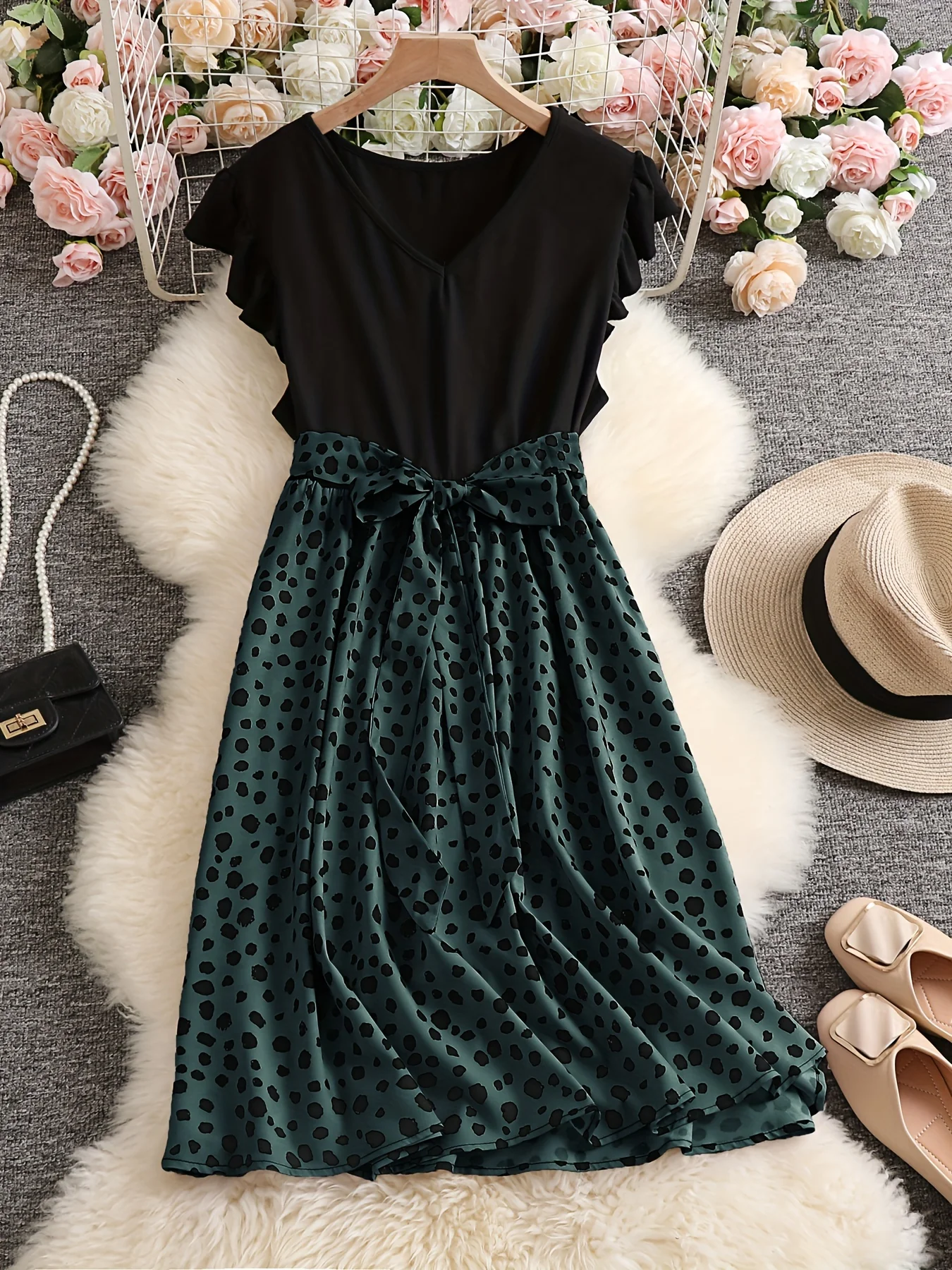 Plus Size Casual Dress, Women's Plus Colorblock Leopard Print Ruffle Sleeve V Neck Medium Stretch Belted Dress - Deanwangkt