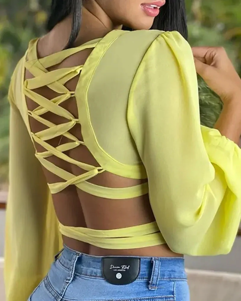 Deanwangkt - Long Sleeve V-Neck Bandage Top with Lace-Up Back - Deanwangkt