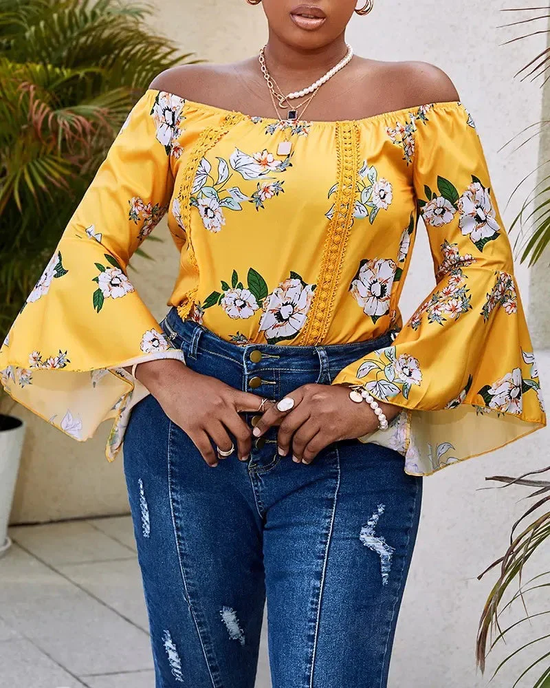 Deanwangkt - Off-the-Shoulder Floral Print Bell-Sleeve Top - Deanwangkt