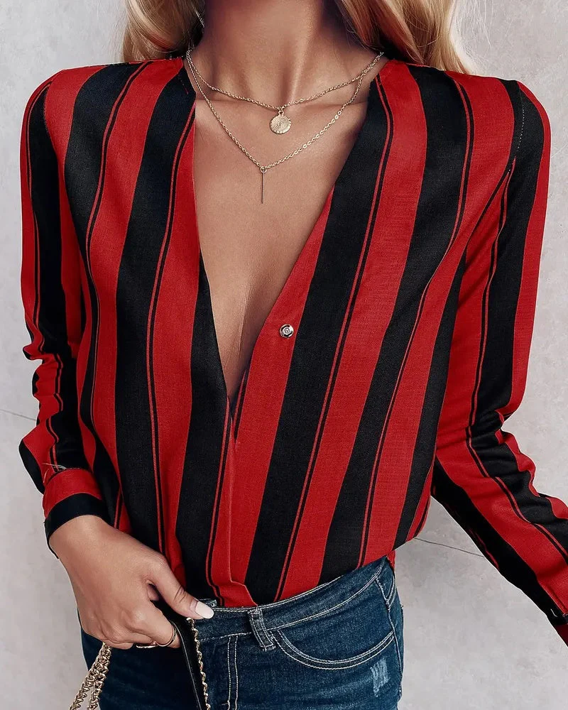 Deanwangkt - Relaxed Deep V Stripe Long Sleeve Blouse - Deanwangkt