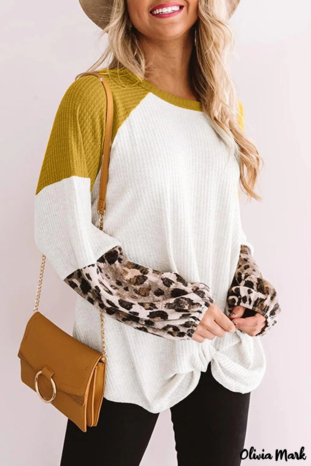 Deanwangkt - Black Waffle Knit Leopard Long Sleeve Twist Knot Blouse - Deanwangkt