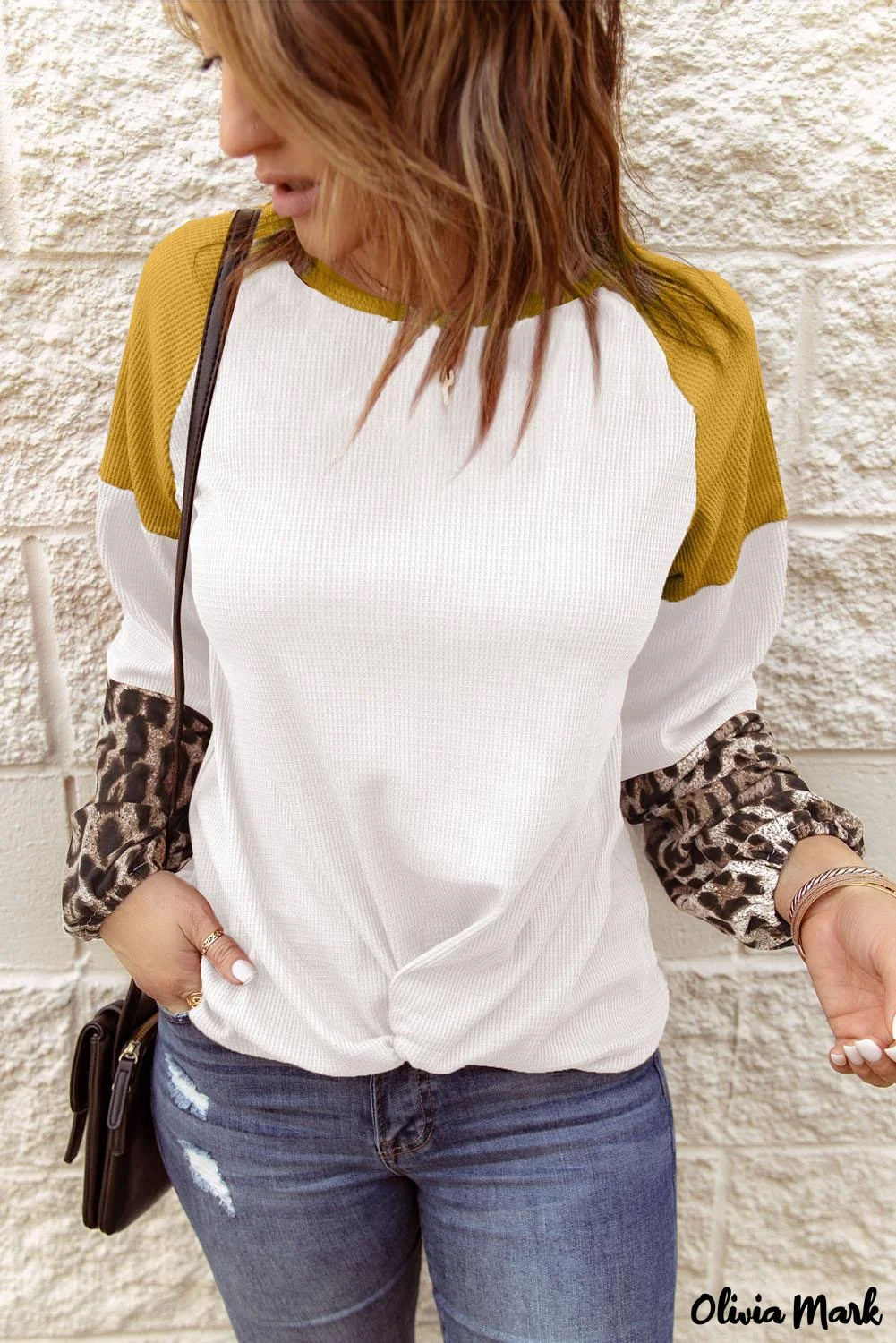 Deanwangkt - Black Waffle Knit Leopard Long Sleeve Twist Knot Blouse - Deanwangkt