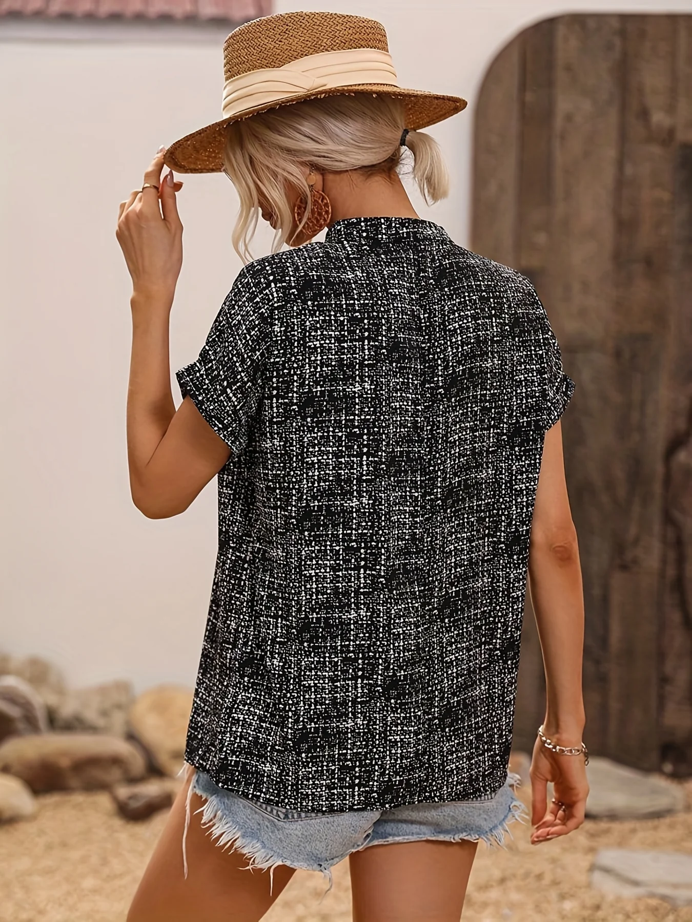 Allover Print Notched Neck Blouse, Elegant Short Sleeve Blouse For Spring & Summer, Women's Clothing - Deanwangkt