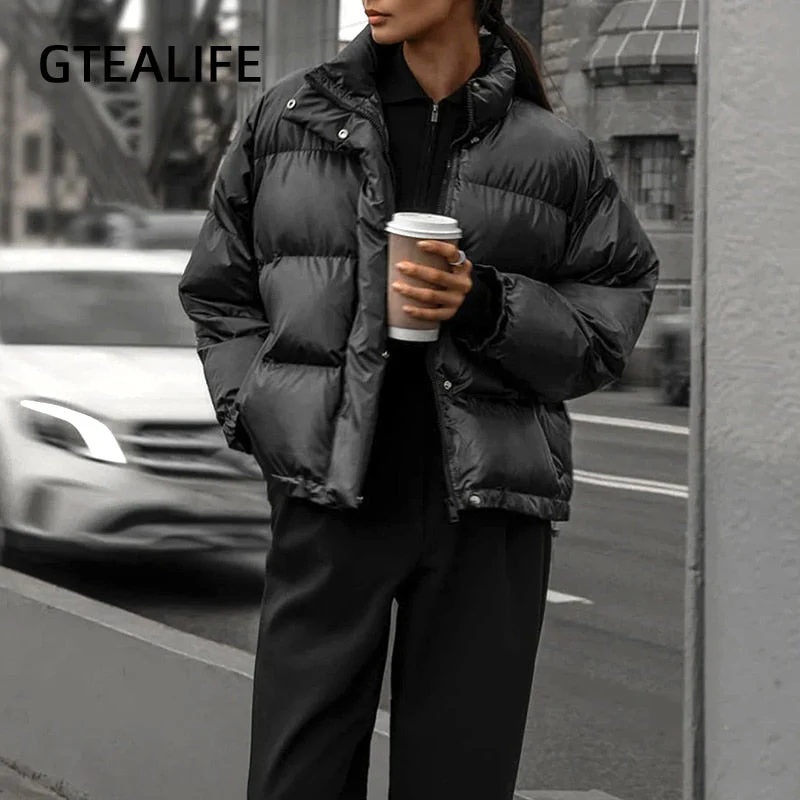 Christmas Gift  Black Street Style Solid Puffer Jacket Women Winter Clothes Casual Zipper Button Warm Bubble Coats Parkas Outerwear - Deanwangkt