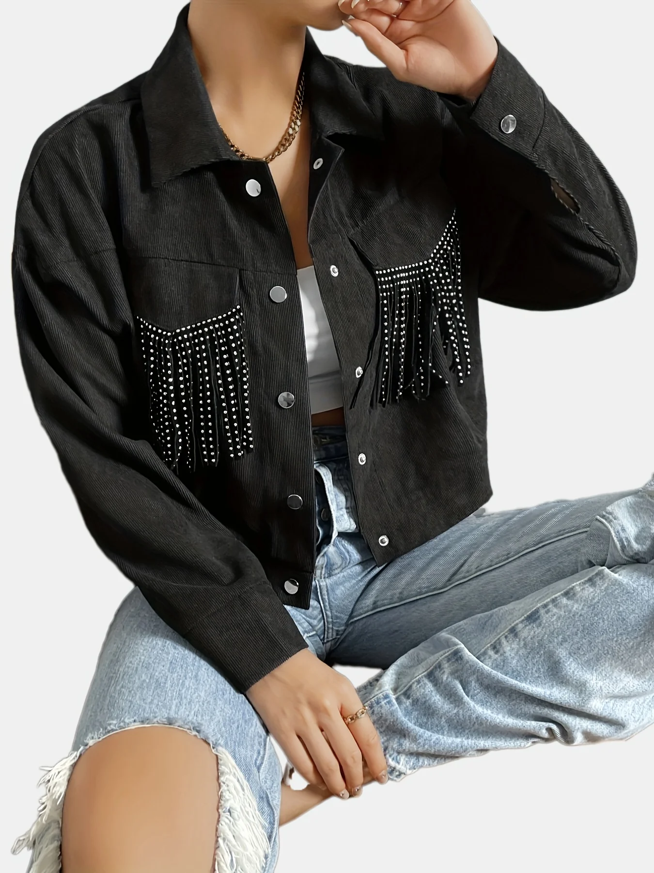 deanwangkt-1  Rhinestone Fringe Trim Tassel Jacket, Casual Long Sleeve Button Front Jacket, Women's Clothing - Deanwangkt