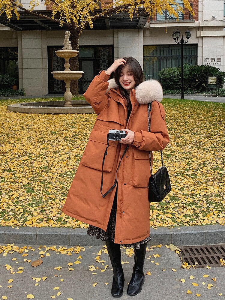 Black Friday Sales Deanwangkt New Fashion Down Jacket Women Medium Length Thickened Fox Hair Collar Slim Knee Hooded Warm Outdoor Coat - Deanwangkt