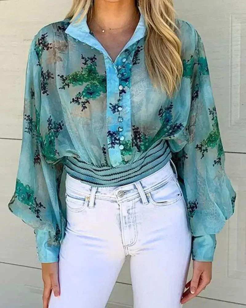 Deanwangkt - Sheer Mesh Floral Print Button Up Cropped Top - Deanwangkt