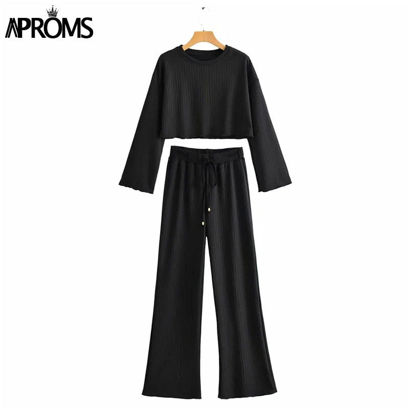 Christmas Gift Aproms White Black Knitted Women's 2 Piece Suits Casual Flare Sleeve Cropped Top and Pants Set Female High Waist Homesuits Deanwangkt - Deanwangkt
