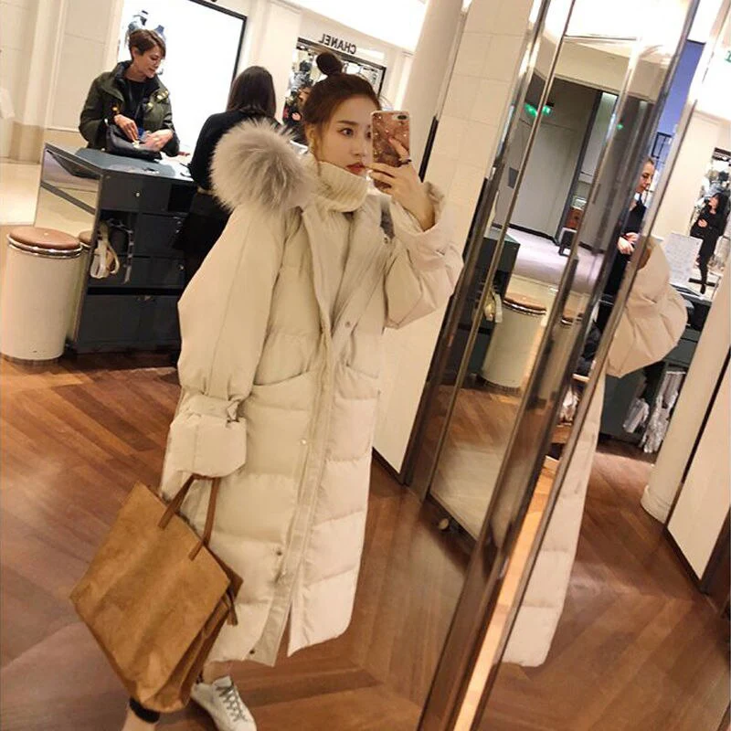 Christmas Gift Deanwangkt New Winter Big Fur Collar Coat Mid-length Over-the-knee Padded Jacket Women Korean Loose Down Padded Jacket - Deanwangkt