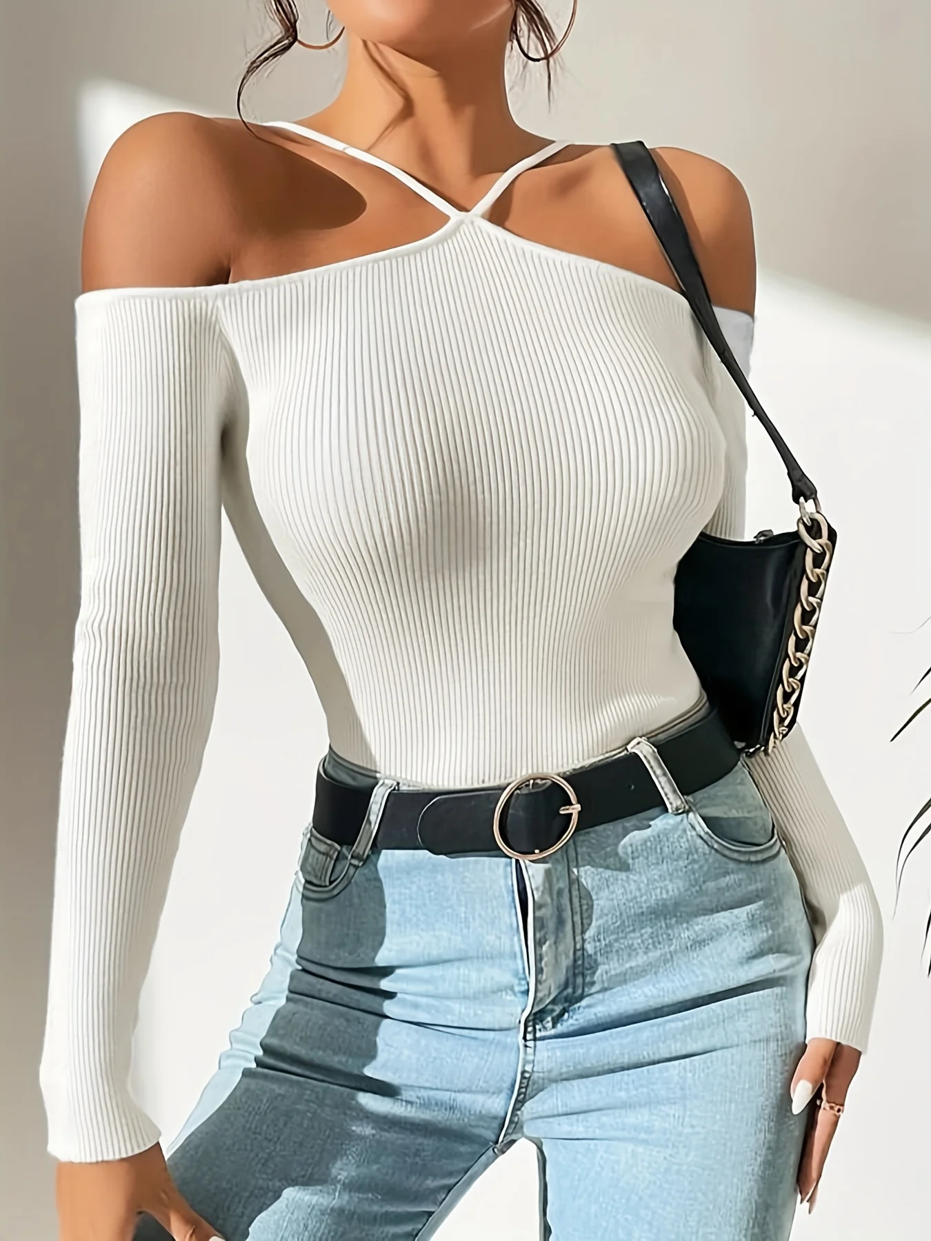 Ribbed Cold Shoulder Slim Sweater, Casual Long Sleeve Sweater For Spring & Fall, Women's Clothing - Deanwangkt
