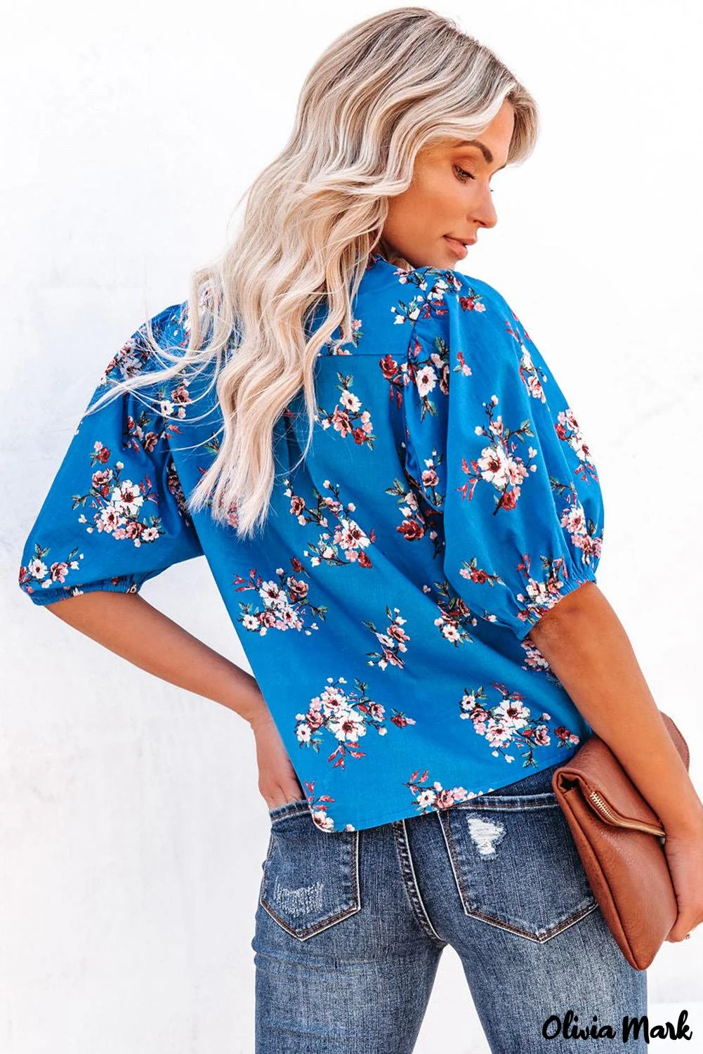 Deanwangkt - Blue Floral Print Button Up Puff Sleeve Blouse - Deanwangkt