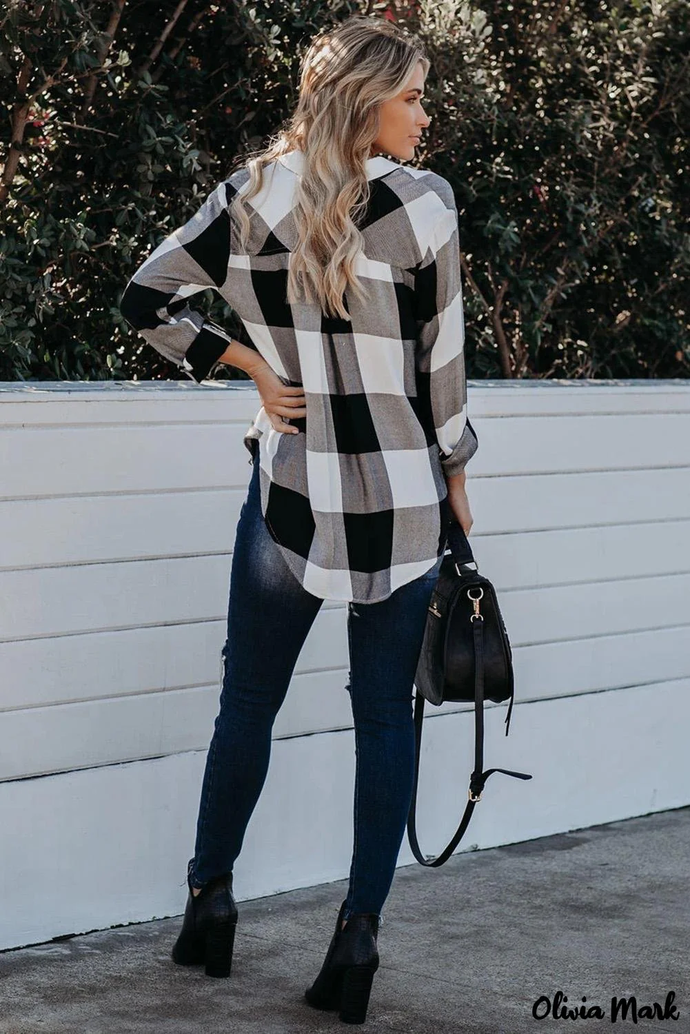 Deanwangkt - Black Plaid Turndown Collar Button Down Blouse with High/Low Hem - Deanwangkt