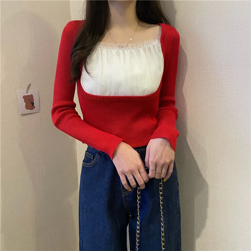 Christmas Gift Deanwangkt early spring new square collar patchwork basic bottomig shirt elegant fashion termperament women's shirt spring female tops - Deanwangkt