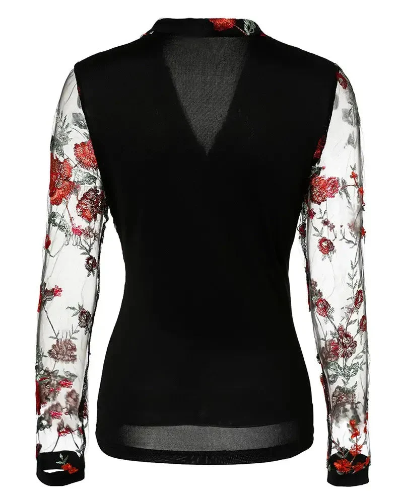 Deanwangkt - Sheer tulle long sleeve top with floral embroidery - Deanwangkt