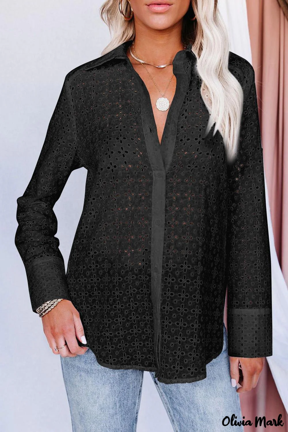 Deanwangkt - Black Hollow Out Floral Eyelet Long Sleeve Shirt - Deanwangkt