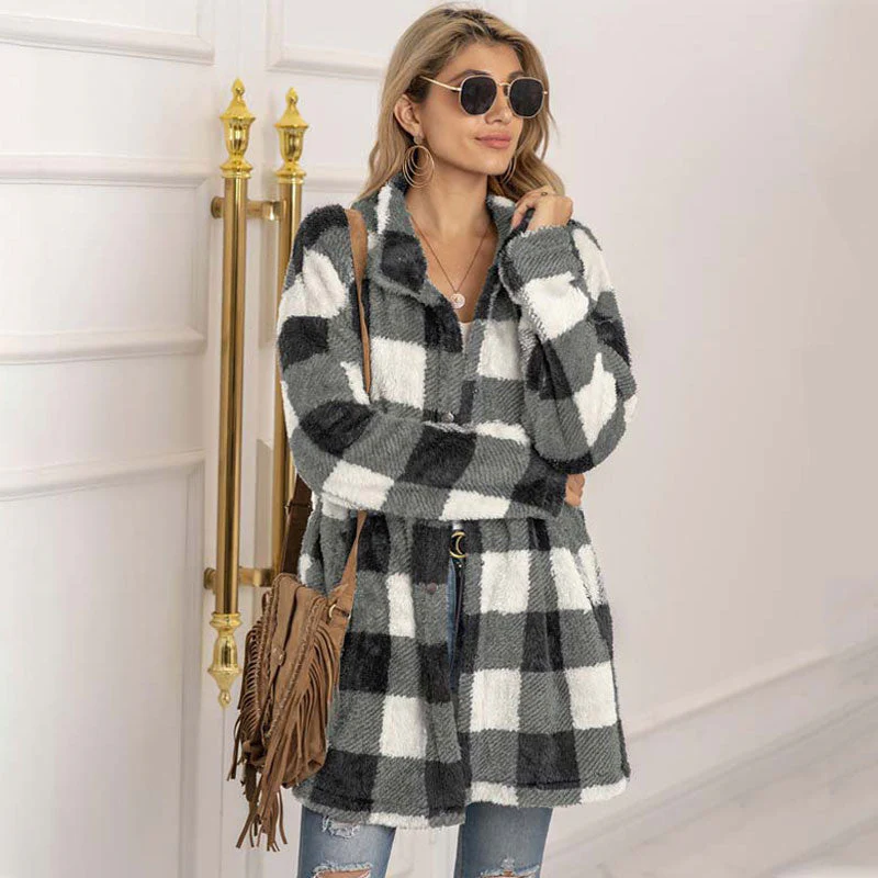 Christmas Gift Autumn Long Faux Fur Coat Women Plaid Jacket Winter Coat Women Long Sleeve Fluffy Teddy Jacket Ladies Warm Plush Jacket Female - Deanwangkt