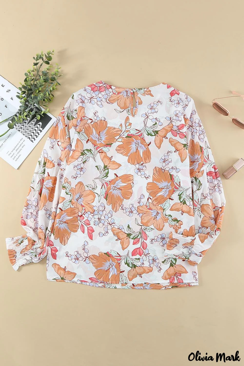 Deanwangkt - Orange floral print puff sleeve shirt with smocked cuffs - Deanwangkt