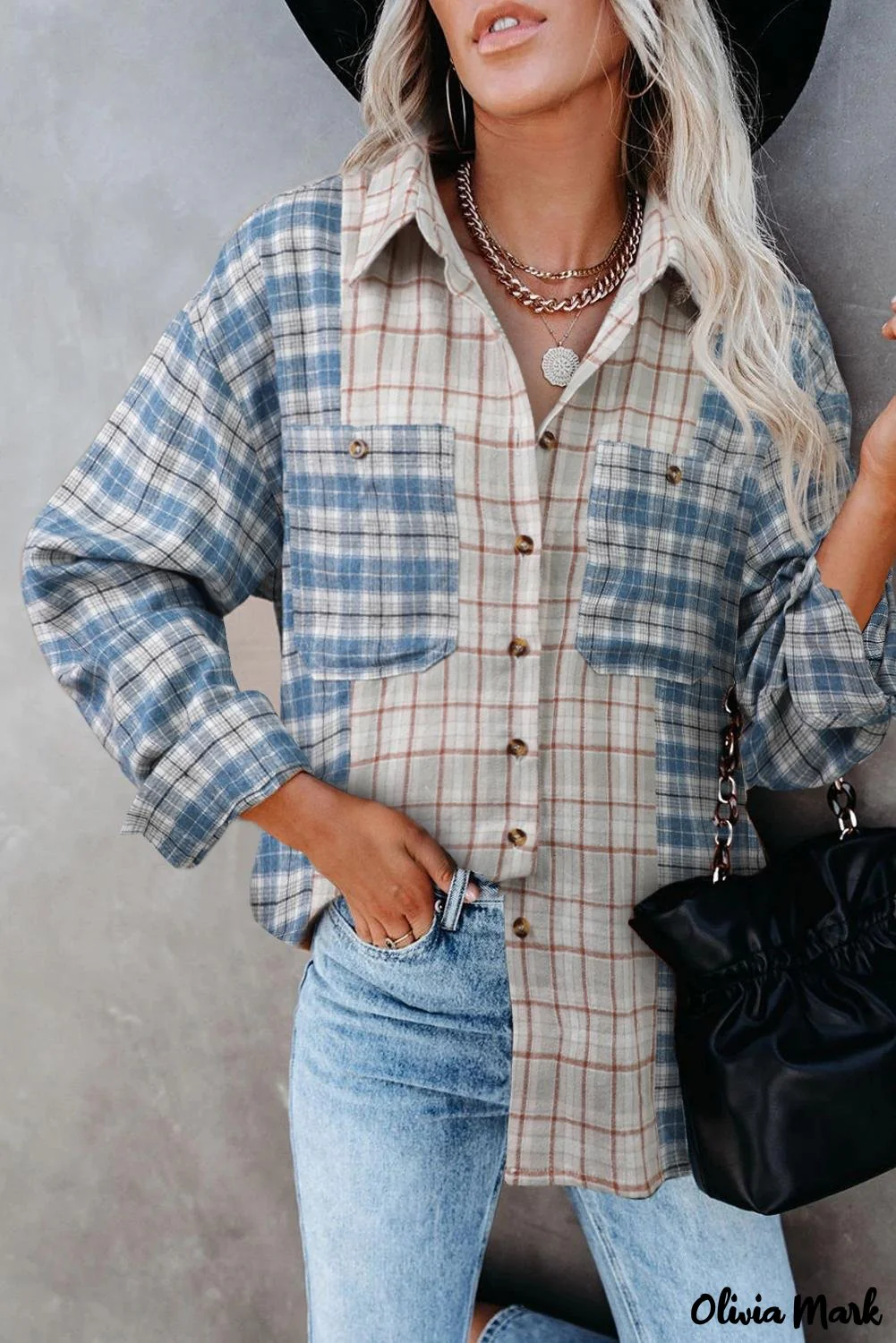 Deanwangkt - Pink Plaid Button Down Long Sleeve Shirt With Color Block Pocket - Deanwangkt