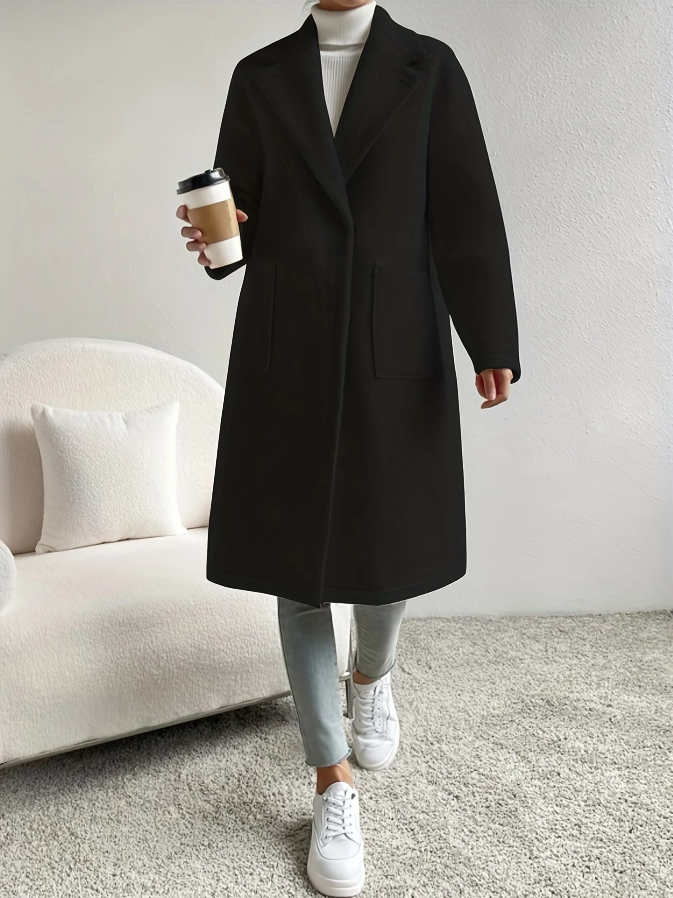 deanwangkt-1  Button Front Lapel Overcoat, Elegant Solid Long Sleeve Winter Outerwear, Women's Clothing - Deanwangkt