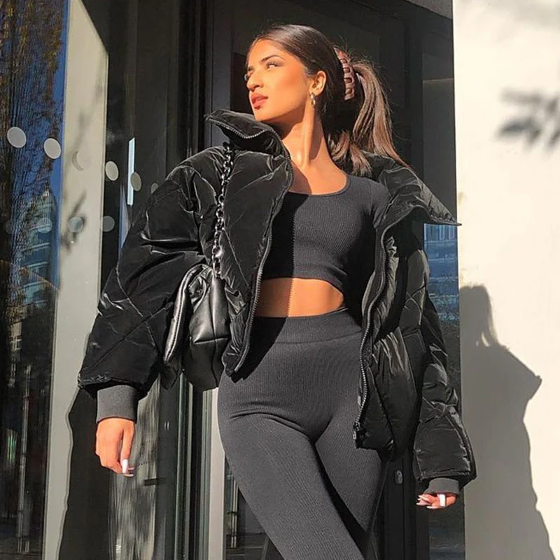 Christmas Gift  Fashion Quilted Puffer Black Velour Parkas Coat Thick Bubble Autumn Winter Down Jacket Women Zipper Overcoat Outwear - Deanwangkt