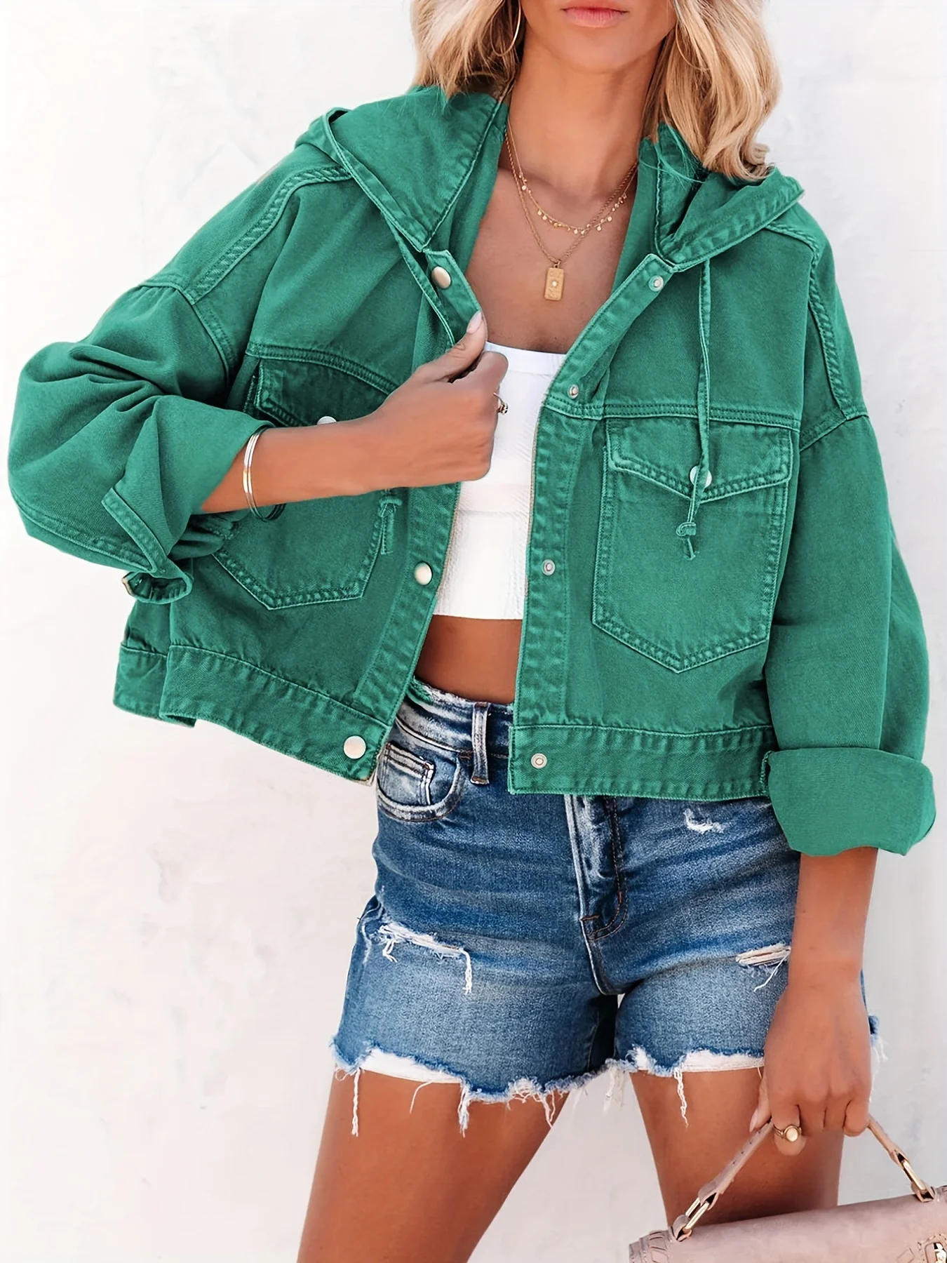 Plain Drawstring Hooded Denim Jackets, Long Sleeves Flap Pockets Cropped Denim Coats, Women's Denim Clothing - Deanwangkt