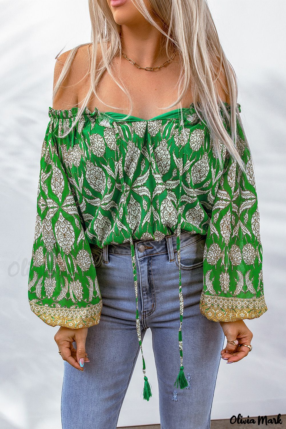 Deanwangkt - Green Floral Print Tie Shoulder Blouse - Deanwangkt
