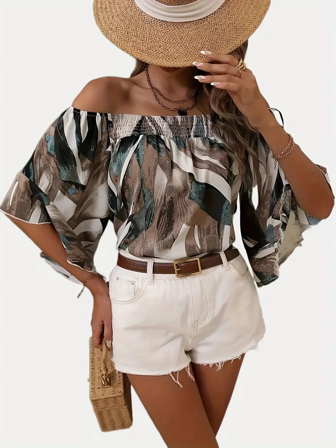 Allover Print Off Shoulder Blouse, Casual Blouse For Spring & Summer, Women's Clothing - Deanwangkt