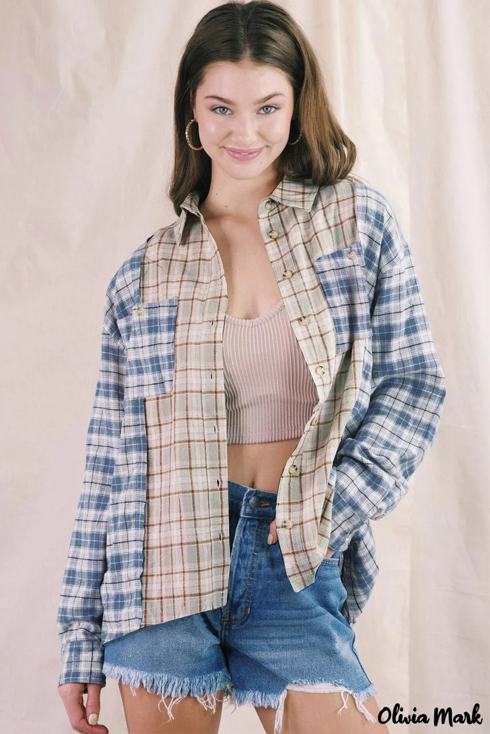 Deanwangkt - Pink Plaid Button Down Long Sleeve Shirt With Color Block Pocket - Deanwangkt