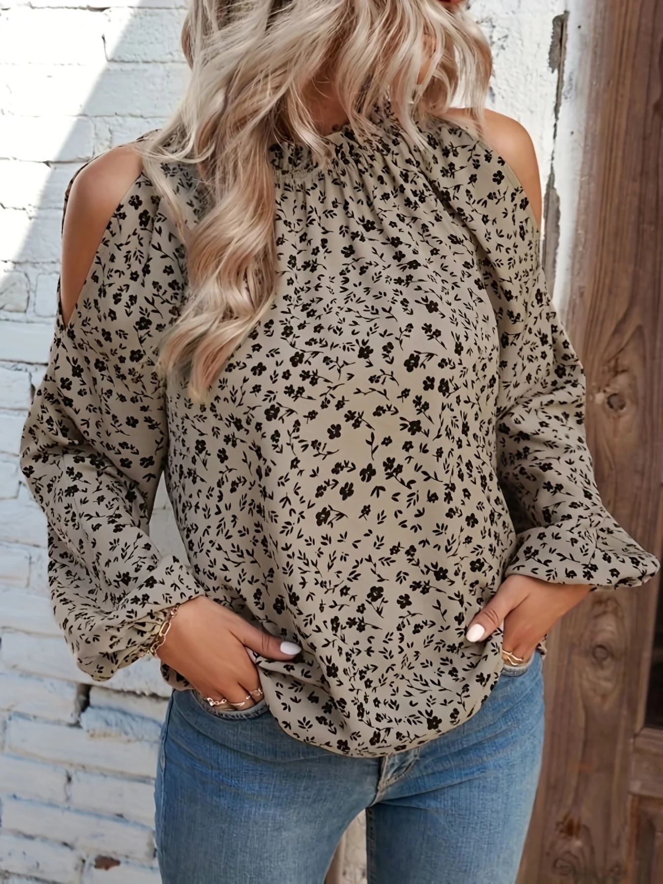 Floral Print Cold Shoulder Blouse, Elegant Ruched Long Sleeve Blouse, Women's Clothing - Deanwangkt