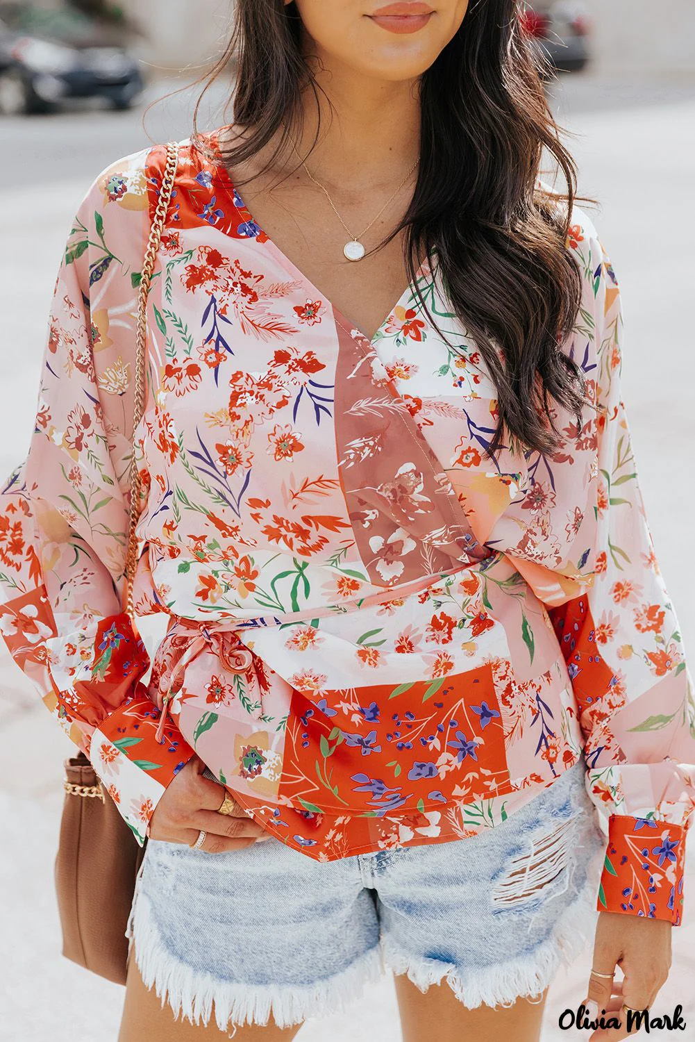 Deanwangkt - Multicolor Patchwork Floral Print V-Neck Wrap Blouse - Deanwangkt