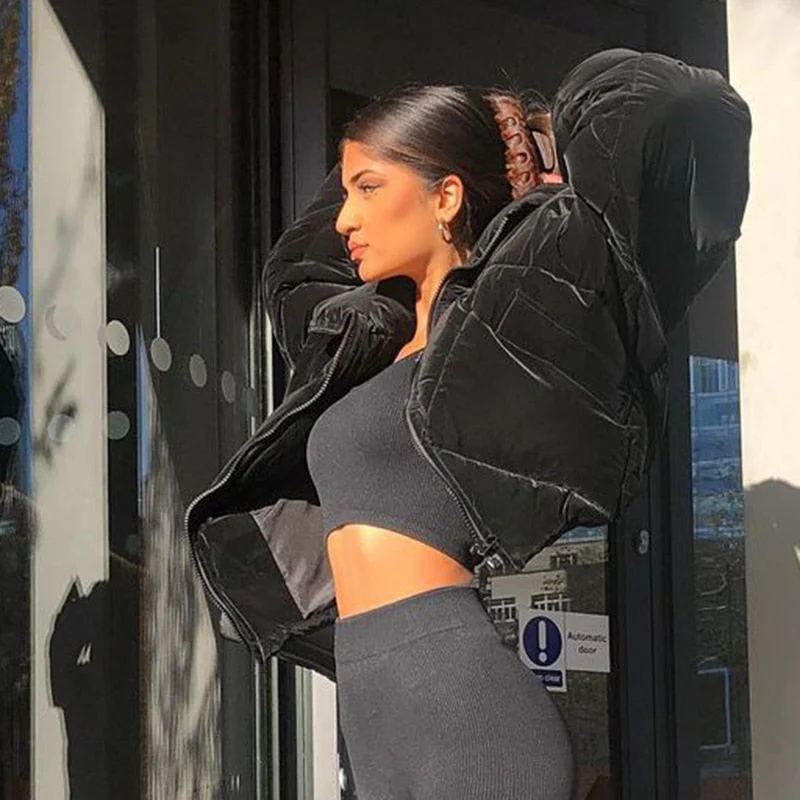 Christmas Gift  Fashion Quilted Puffer Black Velour Parkas Coat Thick Bubble Autumn Winter Down Jacket Women Zipper Overcoat Outwear - Deanwangkt