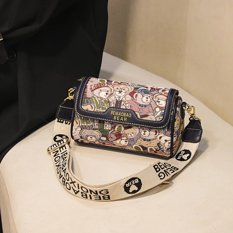 deanwangkt-1 Small Bear Jacquard Shoulder Bag, Cartoon Flap Cylinder Purse, Women's Wide Strap Crossbody Bag (8.66*5.51*4.33) Inch - Deanwangkt