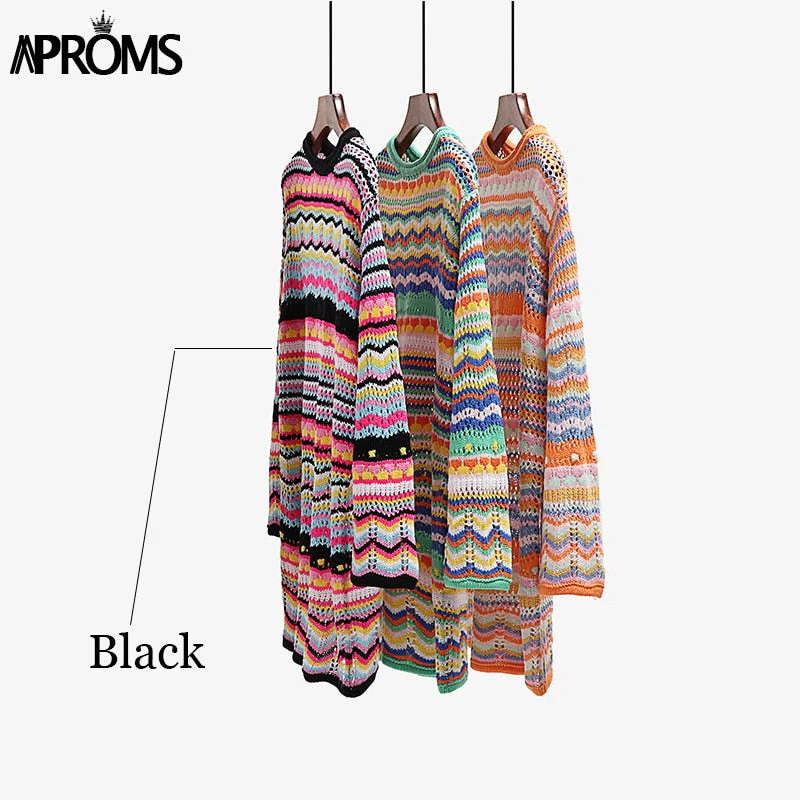 Christmas Gift Aproms Vintage Colorful Crochet Mini Dress Women Deanwangkt Casual Long Sleeve Hollow Out Holiday Beach Fashion Short Dresses Vestidos - Deanwangkt