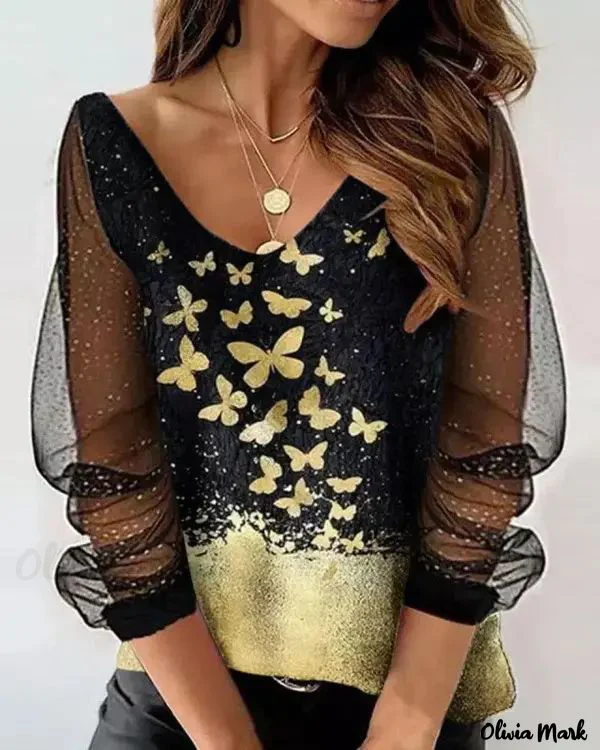 Deanwangkt - Butterfly Print Contrast Mesh Long Sleeve Top - Deanwangkt