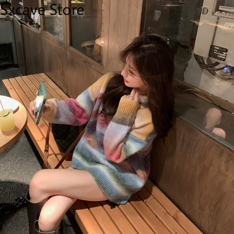 Christmas Gift Deanwangkt Winter Rainbow Striped Sweater Women Korean Fashion Kawaii Sweet Pullover Casual Long Sleeve Loose Clothing Female - Deanwangkt